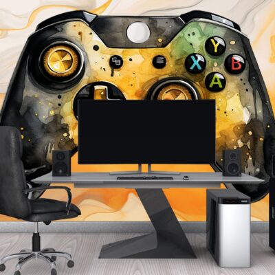 fototapeta dla nastolatka czarno pomaranczowy pad z konsoli pc na tle pomarańczowej marmurowej ściany