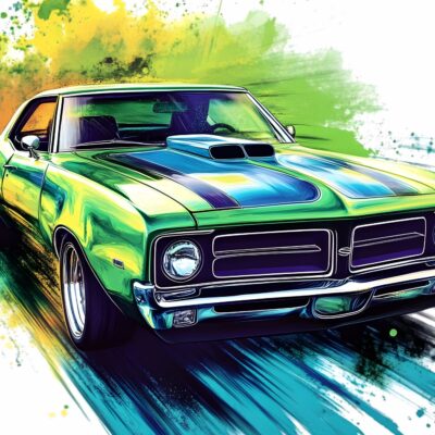 fototapeta dla chłopca 10 lat - samochód Pontiac GTO szkic w niebiesko zielono czarnych kolorach.