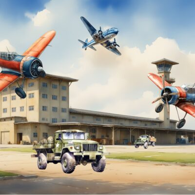 tapeta dla chłopaka przedstawiająca latające samoloty nad bazą lotniczą i przejeżdżającą cieżarówke wojskową.