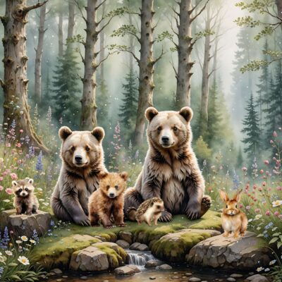 tapeta dla dzieci przedstawiająca rodzinę niedźwiadków zajączka i jeżyka