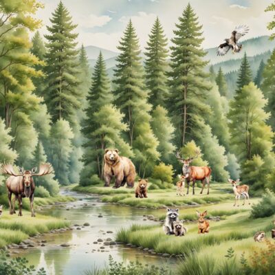 fototapeta dla dzieci przedstawiająca leśne zwierzęta na polanie przy strumyku.