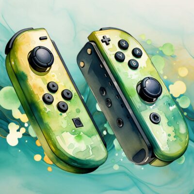 fototapeta z padami do gry na konsoli w stylu street kolorze zielonym na tle zielonej marmurowej sciany.