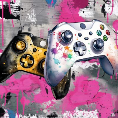 Fototapeta do pokoju nastolatka z padami z konsoli na tle szarej ściany pomazanej rózową farbą,