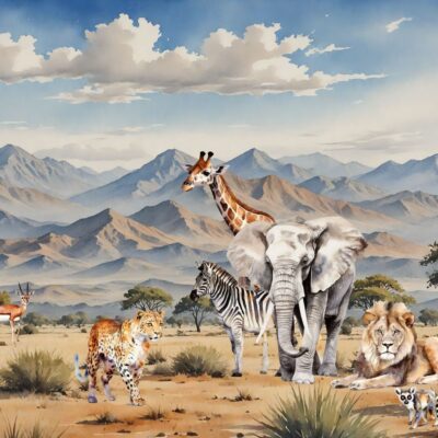 fototapeta dla dzieci safari przedstawiająca słonia lwa i żyrafę na stepie.