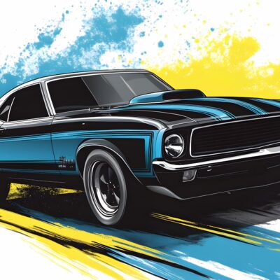 fototapeta dla chłopca przedstawiająca samochodu ford mustang w niebiesko żółto czarnych kolorach.