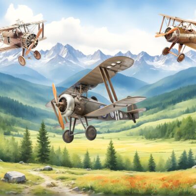 fototapeta dla dziecka przedstawiająca samoloty unoszące sie nad lasem i górami