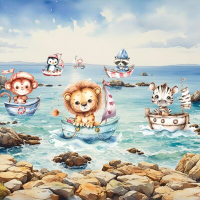 Fototapeta przedstawiająca zwierzęta safari lew, małpka, zebra pływające na łódkach.