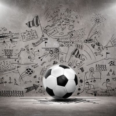 Fototapeta do pokoju dziecka przedstawiająca piłkę nożną na tle szarej ściany w czarne rysunki graffiti.