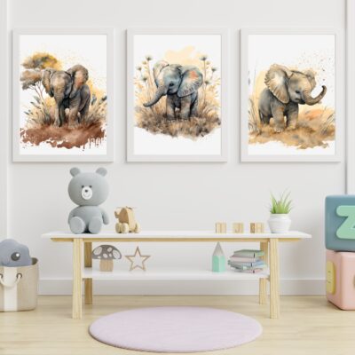 Zestaw 3 plakatów dla dzieci zwierzęta safari, słonik MP060