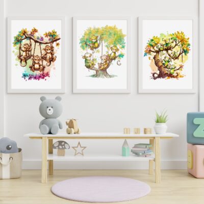 Zestaw 3 plakatów dla dzieci zwierzęta safari, małpki MP061