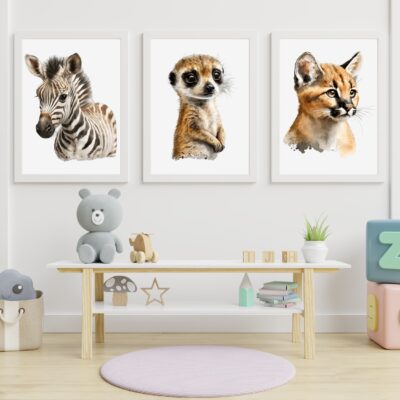 Zestaw 3 plakatów dla dzieci zebra, surykatka, puma MP065