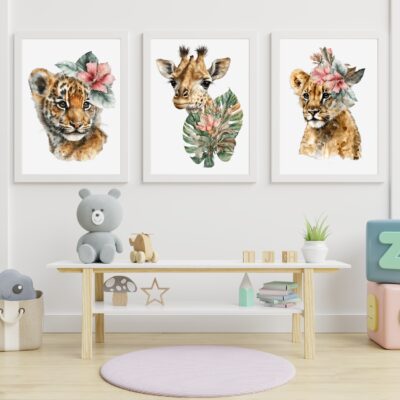Zestaw 3 plakatów dla dzieci safari, tygrys, żyrafa, lampart MP066