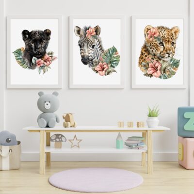 Zestaw 3 plakatów dla dzieci safari, puma, zebra, gepard MP067