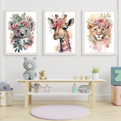 Zestaw 3 plakatów dla dzieci safari, koala, żyrafa, lew MP071