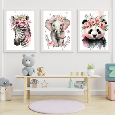 Zestaw 3 plakatów dla dzieci safari, zebra, słoń, panda MP072
