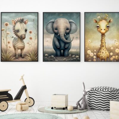 Zestaw 3 plakatów dla dzieci safari, zebra, słoń, żyrafa MP111
