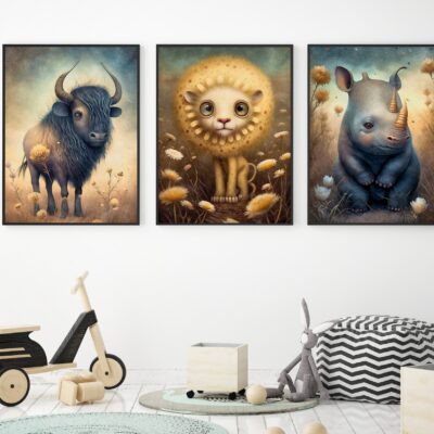 Zestaw 3 plakatów dla dzieci safari, bizon, lew, nosorożec MP112
