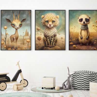 Zestaw 3 plakatów dla dzieci safari, gazela, lampart, syrykatka MP113