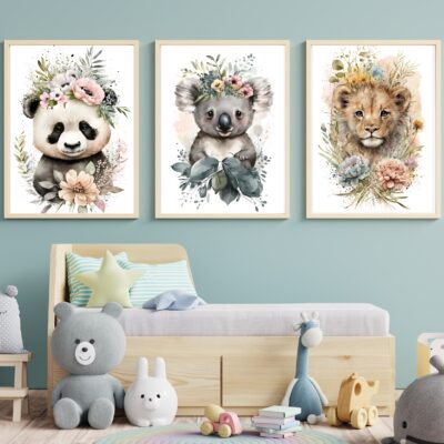 Zestaw 3 plakatów dla dzieci safari, panda, koala, lew MP131