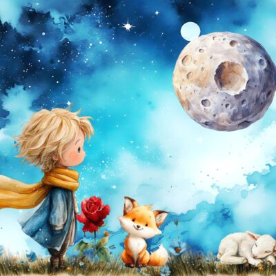 obrazek przedstawiający małego chłopca patrzącego na inne planety. Obok niego siedzi lisek i leży róża.