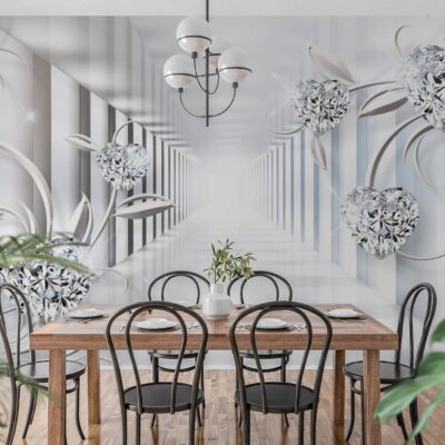 Nowoczesna fototapeta 3D z efektem głębi, przedstawiająca jasny korytarz z geometrycznymi filarami oraz dekoracyjnymi, biżuteryjnymi kwiatami z kryształami, zamontowana w jadalni.