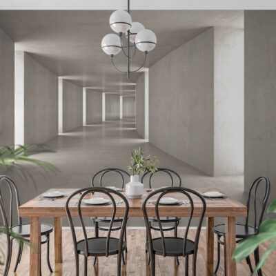 obrazek przedstawiający Nowoczesna fototapeta 3D z motywem nieskończonego, betonowego korytarza z geometrycznymi, podświetlanymi portalami, tworząca iluzję głębi w jadalni.