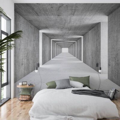 Nowoczesna sypialnia z fototapetą 3D nad łóżkiem, przedstawiającą długi, surowy tunel z betonu o silnej perspektywie, który optycznie otwiera i powiększa wnętrze.
