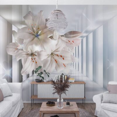 Wizualizacja jasnego salonu z fototapetą 3D przedstawiającą wielkoformatowe białe lilie na tle nowoczesnego, minimalistycznego korytarza z efektem głębi. Grafika w odcieniach bieli i szarości optycznie powiększa wnętrze, tworząc elegancką i przestronną atmosferę.
