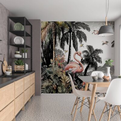 Fototapeta przedstawiająca różowego flaminga w tropikalnym lesie z palmami, naklejona na ścianie w nowoczesnej kuchni z jadalnią.