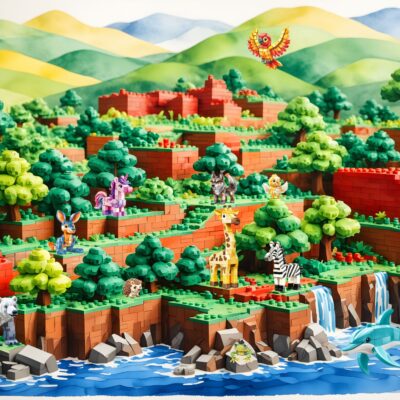 obrazek przedstawiający kolorową wyspę z klocków lego ze zwierzętami safari również z klocków.