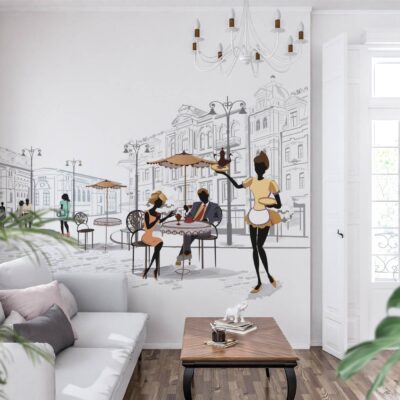 obrazek przedstawiający szkic na którym widac na pierwszym planie ludzi siedzących przy kawiarnianych stolikach a w tle kamienice.