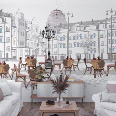 obrazek przedstawiający salon na środku mały stolik kawiarniany, po bokach białe kanapy. Na wprost na ścianie fototapeta w formie czarno białego szkicu przedstawiająca stoliki kawiarniane na rynku starego miasta.