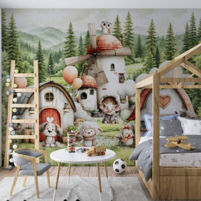 Aranżacja przytulnego pokoju dziecka z biało-drewnianymi meblami i efektowną fototapetą ścienną z motywem leśnej krainy, młyna i pieska w pastelowych barwach.