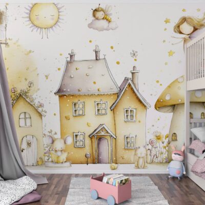 Ilustracja na fototapetę dla dzieci przedstawiająca magiczną wioskę w pastelowych barwach z wróżkami, domkiem w kształcie grzyba, myszką czytającą książkę pod drzewem, śpiącą pszczółką na chmurce oraz uśmiechniętym słońcem w stylu akwarelowym.