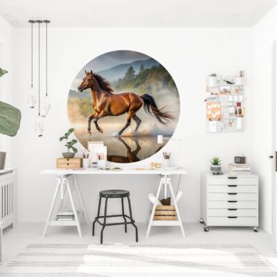 Aranżacja jasnego pokoju z biurkiem i dużą okrągłą naklejką ścienną przedstawiającą brązowego konia w galopie na tle górskiego krajobrazu.