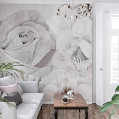 Fototapeta do salonu kwiaty – wielkoformatowe róże w odcieniach beżu i szarości, styl makro akwarela