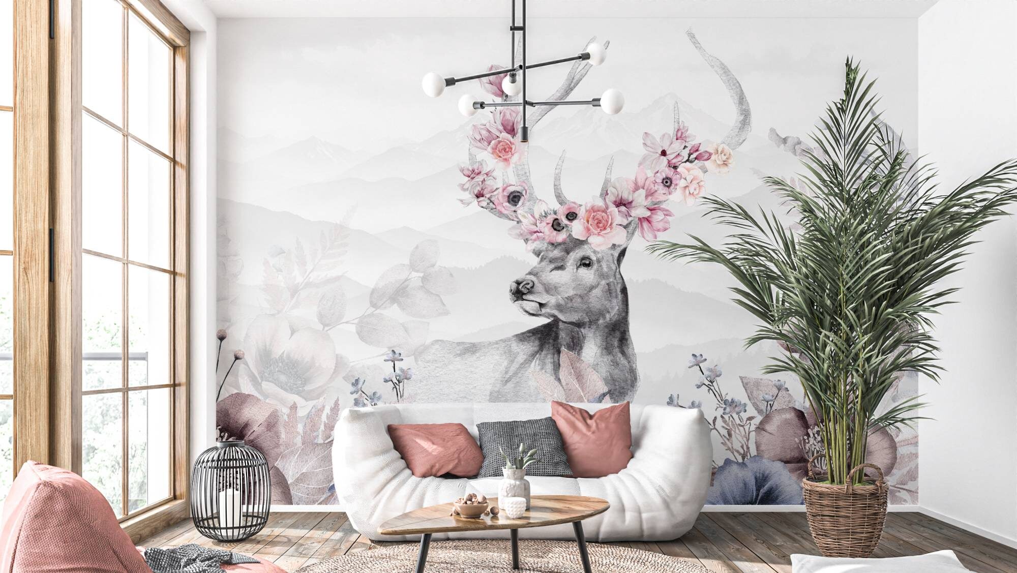 Fototapeta do salonu kwiaty – majestatyczny jeleń z porożem ozdobionym różami na tle mglistych gór w stylu akwareli