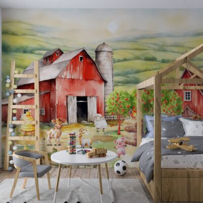 pokój dziecka na ścianie fototapeta przedstawiająca zwierzęta na farmie, krowa kosza, owca i świnka. Jest tez stodoła traktor i bele siana. Wsztstko w styku akwareli. O ściane oparta jest ozdobna drabina z lampkami na śroku stolik z drewnianymi zabawkami orasz szare krzesło. Po prawej stronie łózko.