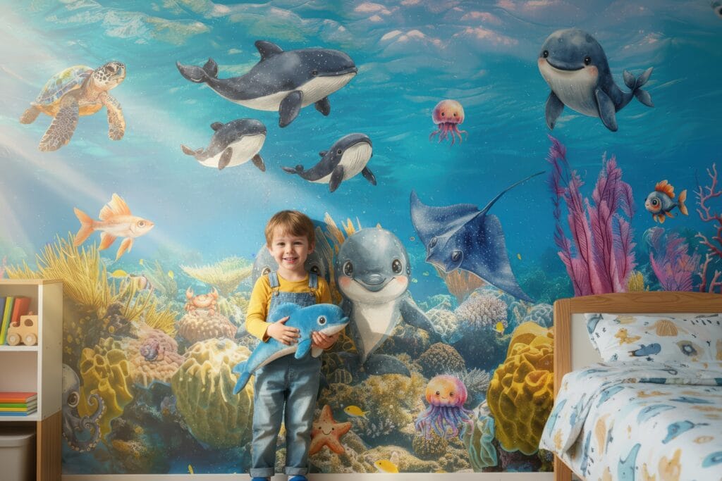 Uśmiechnięty kilkuletni chłopiec w dżinsowych ogrodniczkach stoi w swoim pokoju na tle wielobarwnej fototapety z motywem oceanu. Dziecko trzyma pluszowego niebieskiego delfina. Po prawej stronie widać drewniane łóżko z morską pościelą, a po lewej fragment białego regału. Pokój jest jasny, wypełniony miękkim światłem.