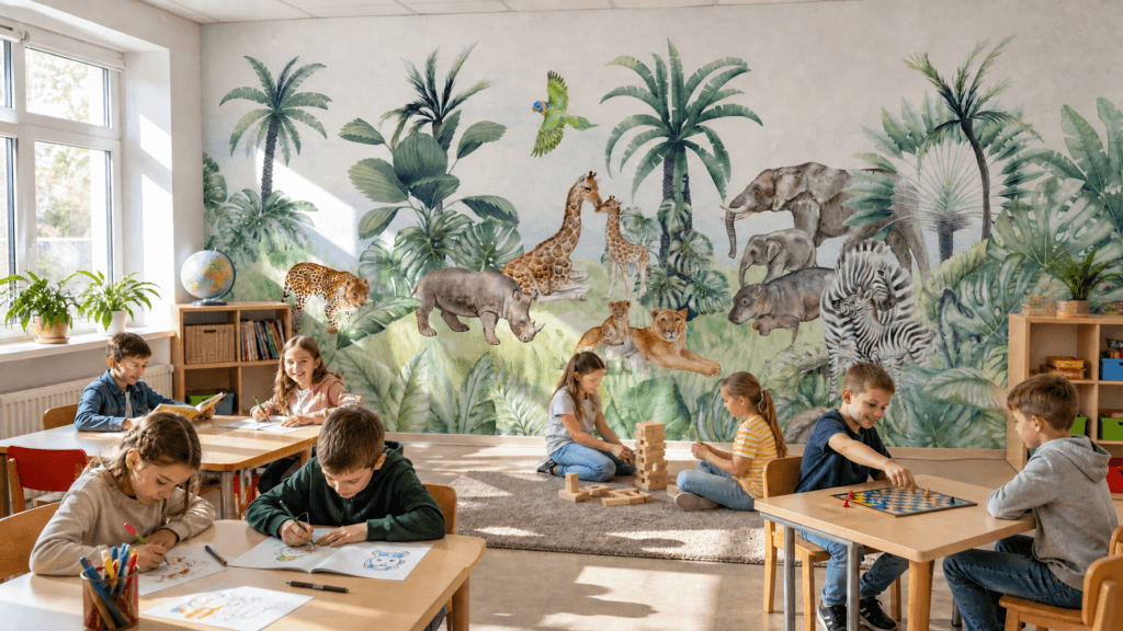 Dzieci bawiące się w sali szkolnej z fototapetą dżungli — zwierzęta afrykańskie na ścianie