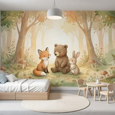 Fototapeta dla dzieci przedstawiająca rudego liska, brązowego misia i szarego króliczka siedzących razem w bajkowym, jesiennym lesie pełnym muchomorków — idealna do pokoju dziecięcego lub przedszkola.