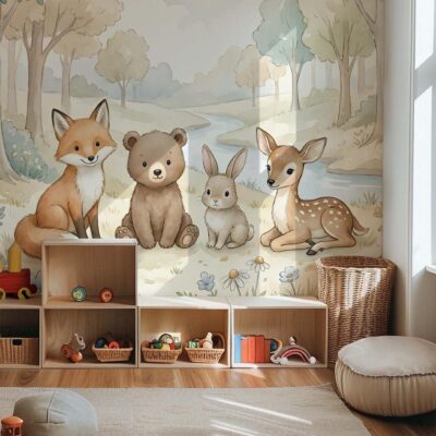 Fototapeta dla dzieci przedstawiająca akwarelowego lisa, brązowego misia, zajączka i sarenkę na leśnej polanie nad rzeką w pastelowych kolorach, idealna do pokoju malucha, żłobka lub przedszkola.