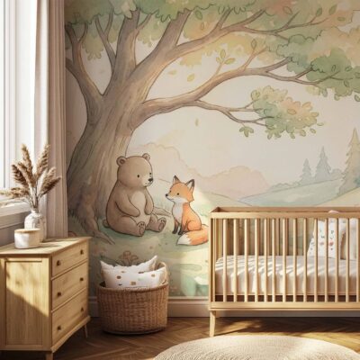 Fototapeta dla dzieci przedstawiająca akwarelowego misia brunatnego i lisa rudego siedzących pod drzewem wśród grzybków i kwiatów, w pastelowych barwach zieleni i brzoskwini, idealna do pokoju dziecka lub przedszkola.
