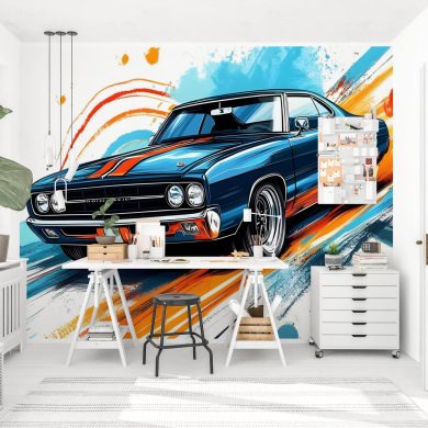 obrazek przedstawiający fototapetę młodzieżową z samochodem amerykańskim w niebiesko pomarańczowych barwach w stylu Road Runner muscle car