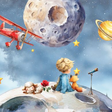 Tapeta dla dzieci przedstawiająca małego chłopca i lisa patrzącego na pobliską planetę